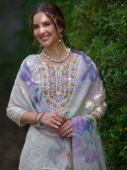 Off White Embroidered Straight Kurta Trousers With Dupatta Set