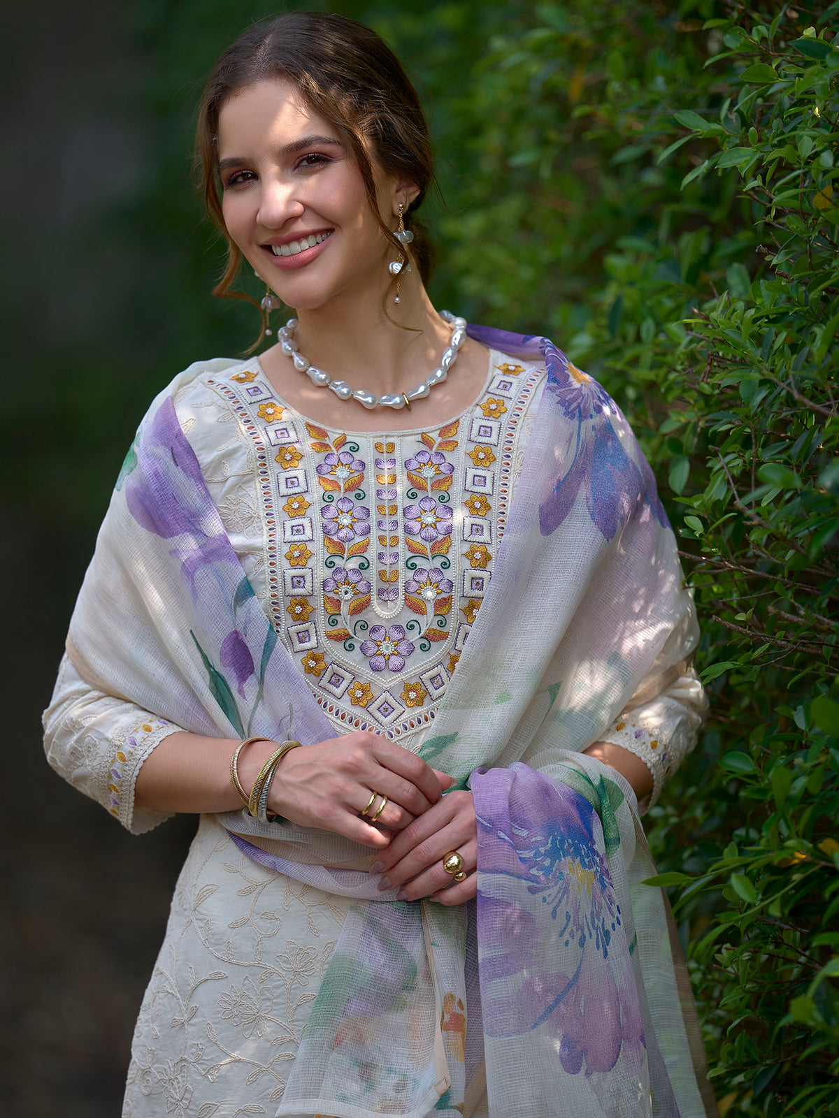 Off White Embroidered Straight Kurta Trousers With Dupatta Set