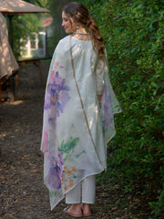 Off White Embroidered Straight Kurta Trousers With Dupatta Set