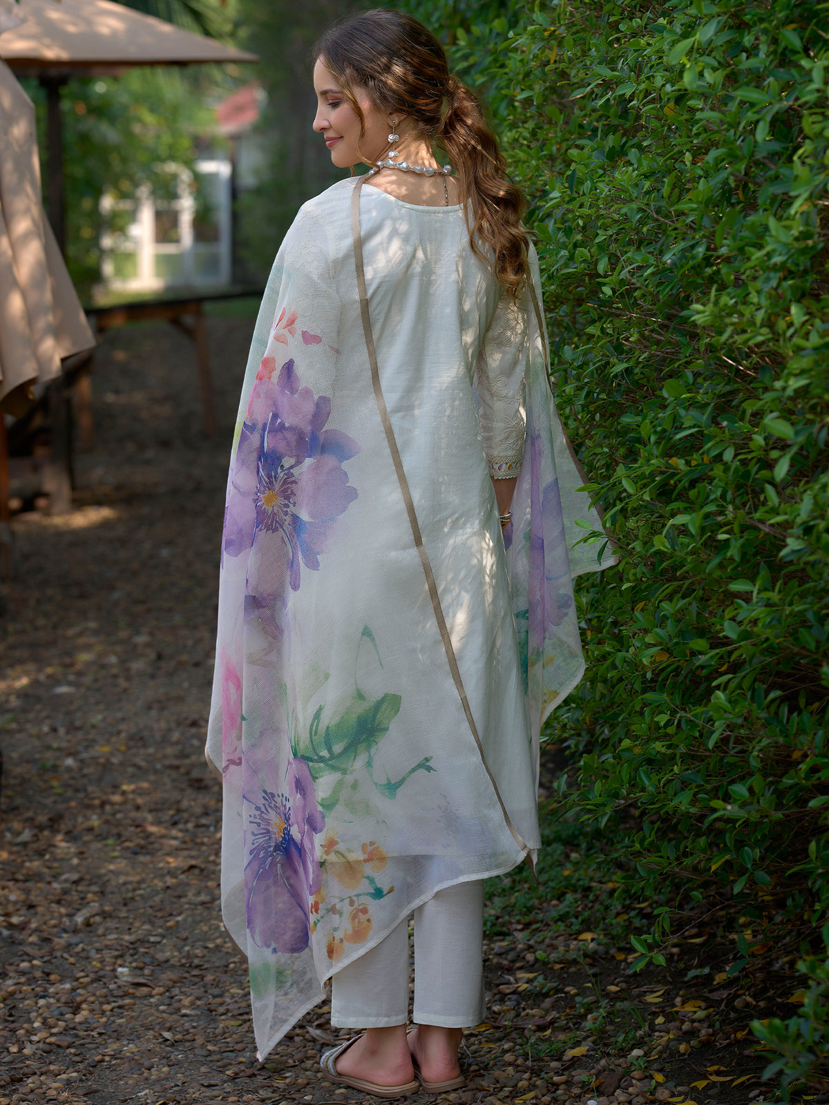 Off White Embroidered Straight Kurta Trousers With Dupatta Set