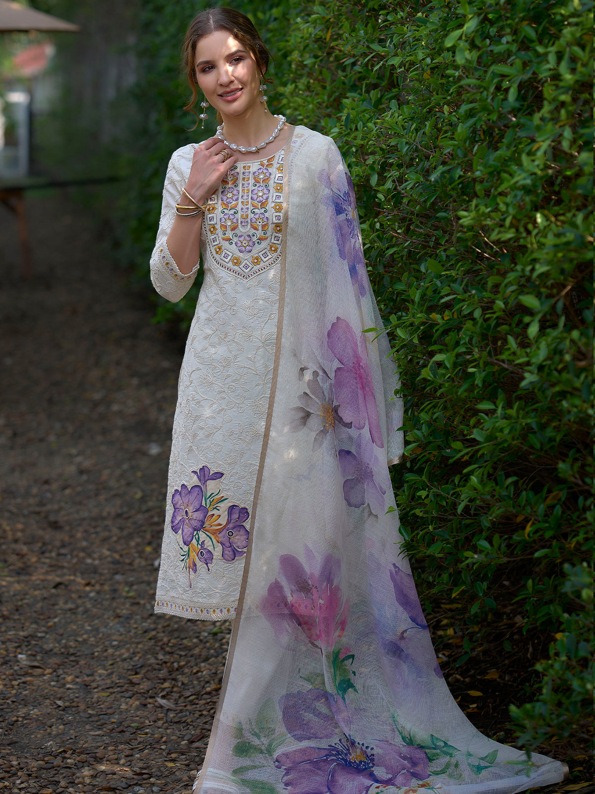 Off White Embroidered Straight Kurta Trousers With Dupatta Set