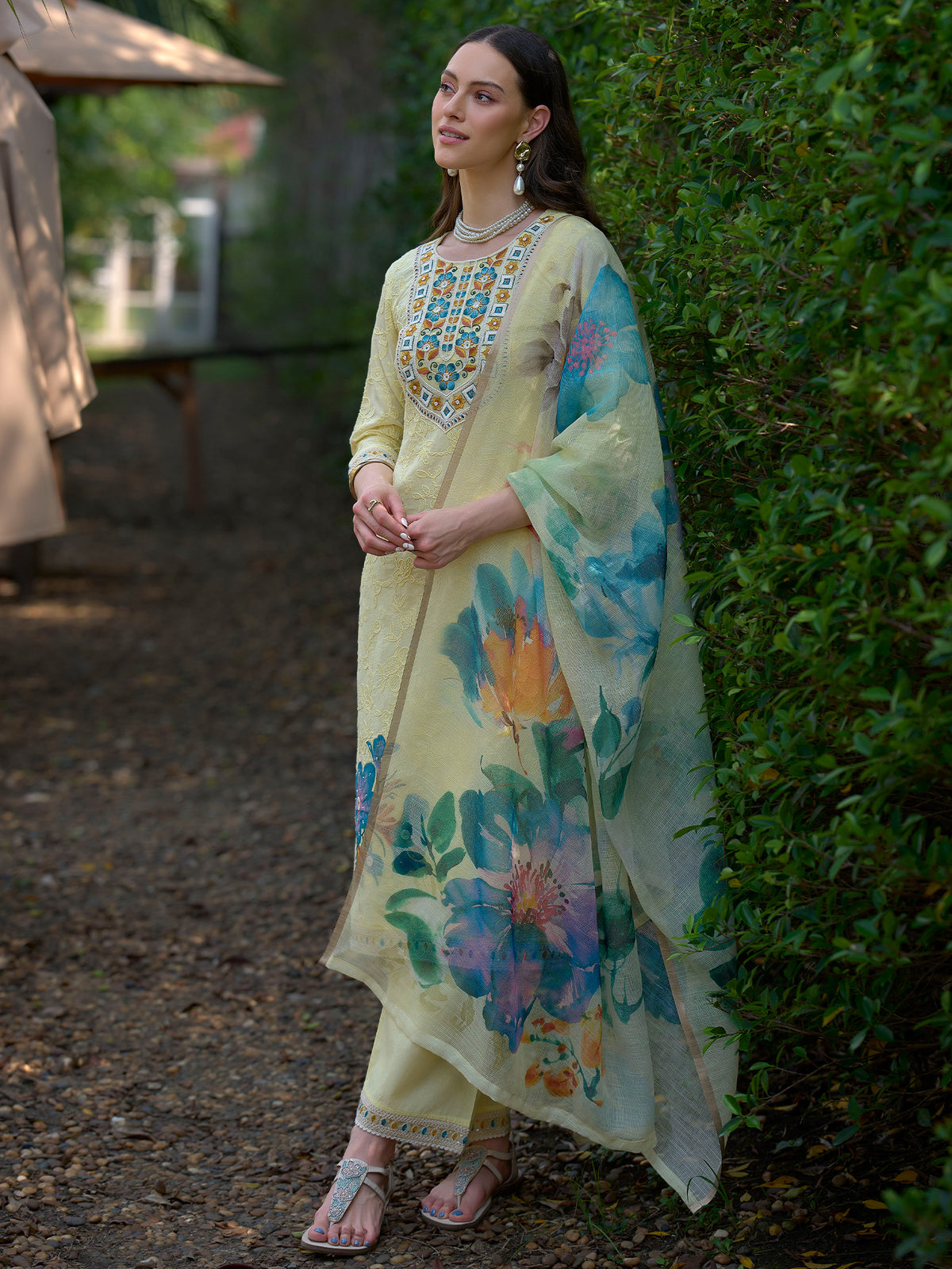 Yellow Embroidered Straight Kurta Trousers With Dupatta Set