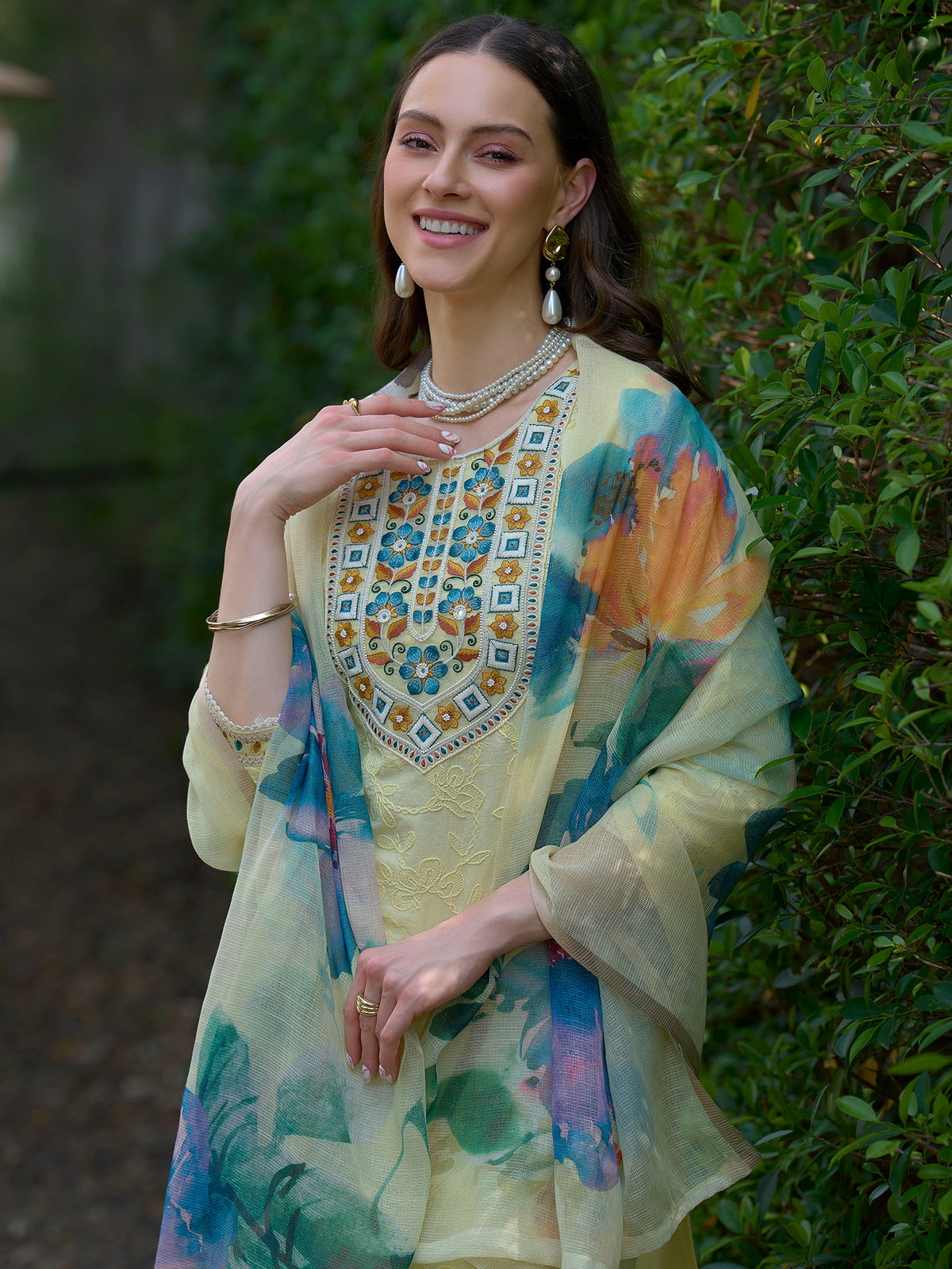 Yellow Embroidered Straight Kurta Trousers With Dupatta Set