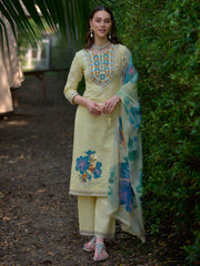Yellow Embroidered Straight Kurta Trousers With Dupatta Set