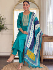 Green Embroidered Straight Kurta Trousers With Dupatta Set