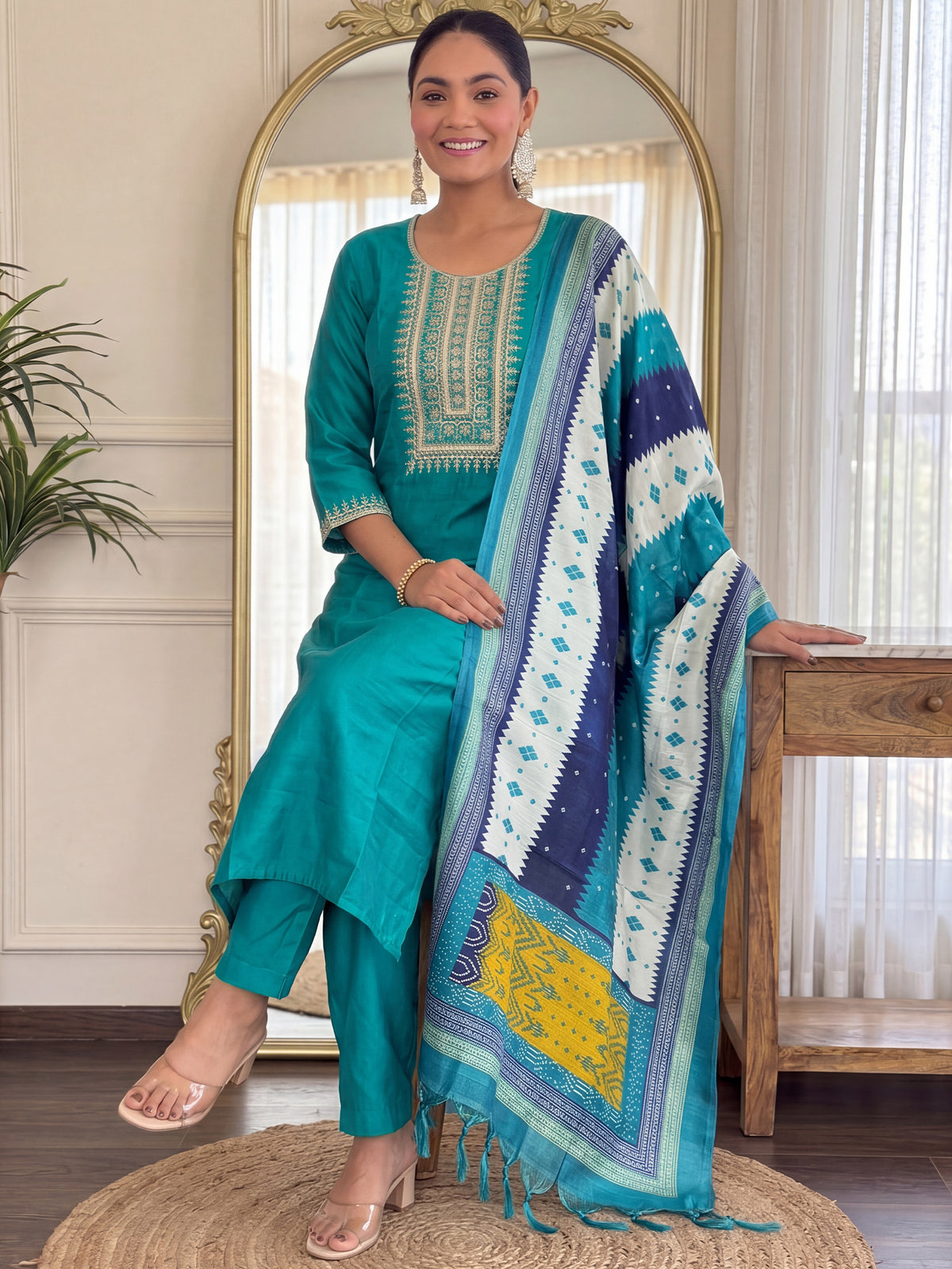 Green Embroidered Straight Kurta Trousers With Dupatta Set