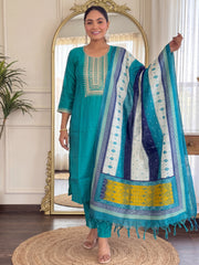 Green Embroidered Straight Kurta Trousers With Dupatta Set