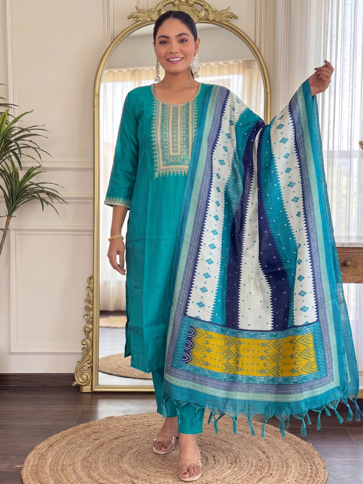 Green Embroidered Straight Kurta Trousers With Dupatta Set