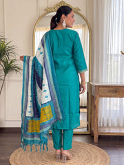 Green Embroidered Straight Kurta Trousers With Dupatta Set