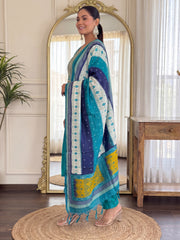 Green Embroidered Straight Kurta Trousers With Dupatta Set