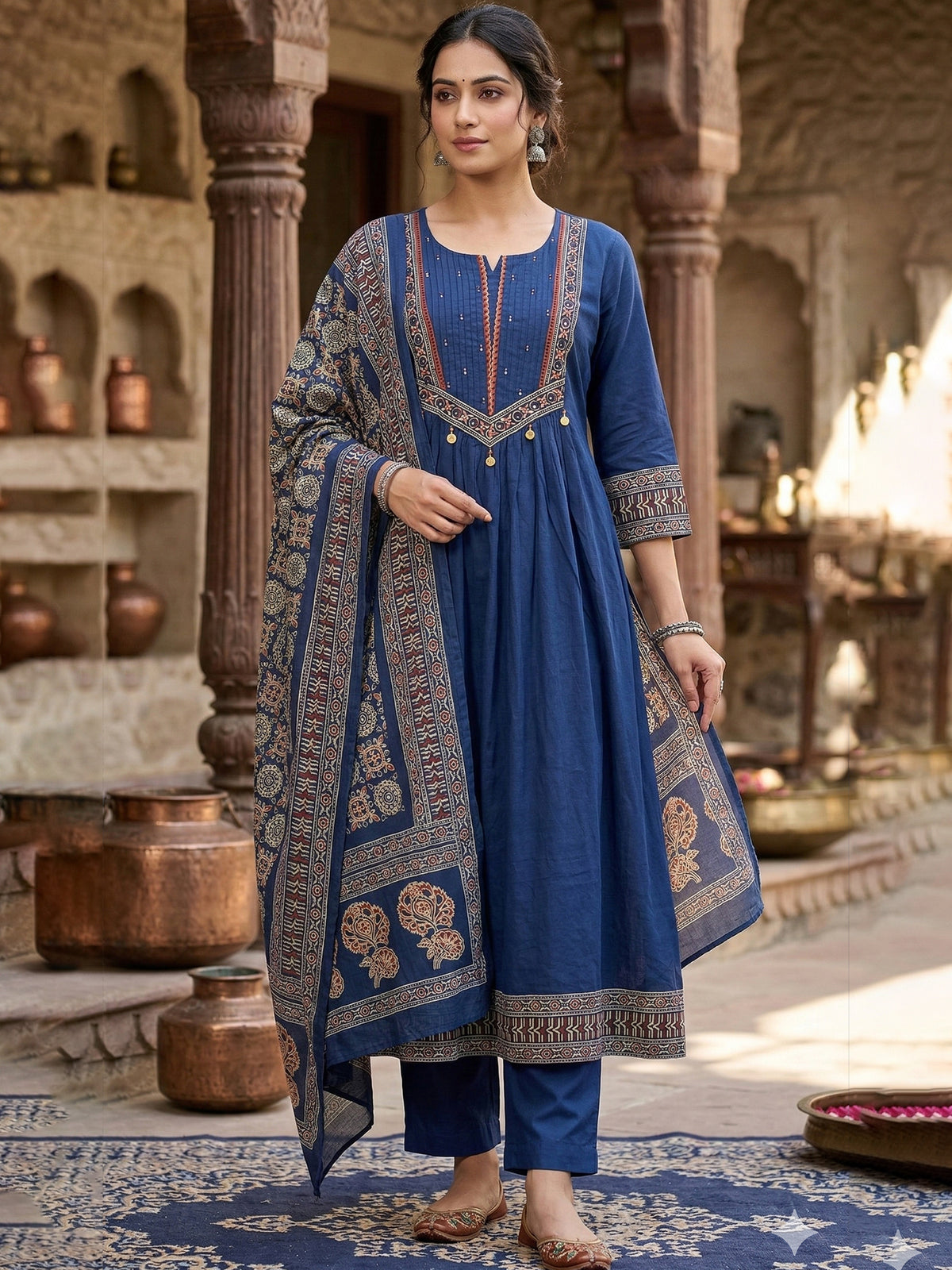 Blue Printed A-Line Kurta Trousers With Dupatta Set