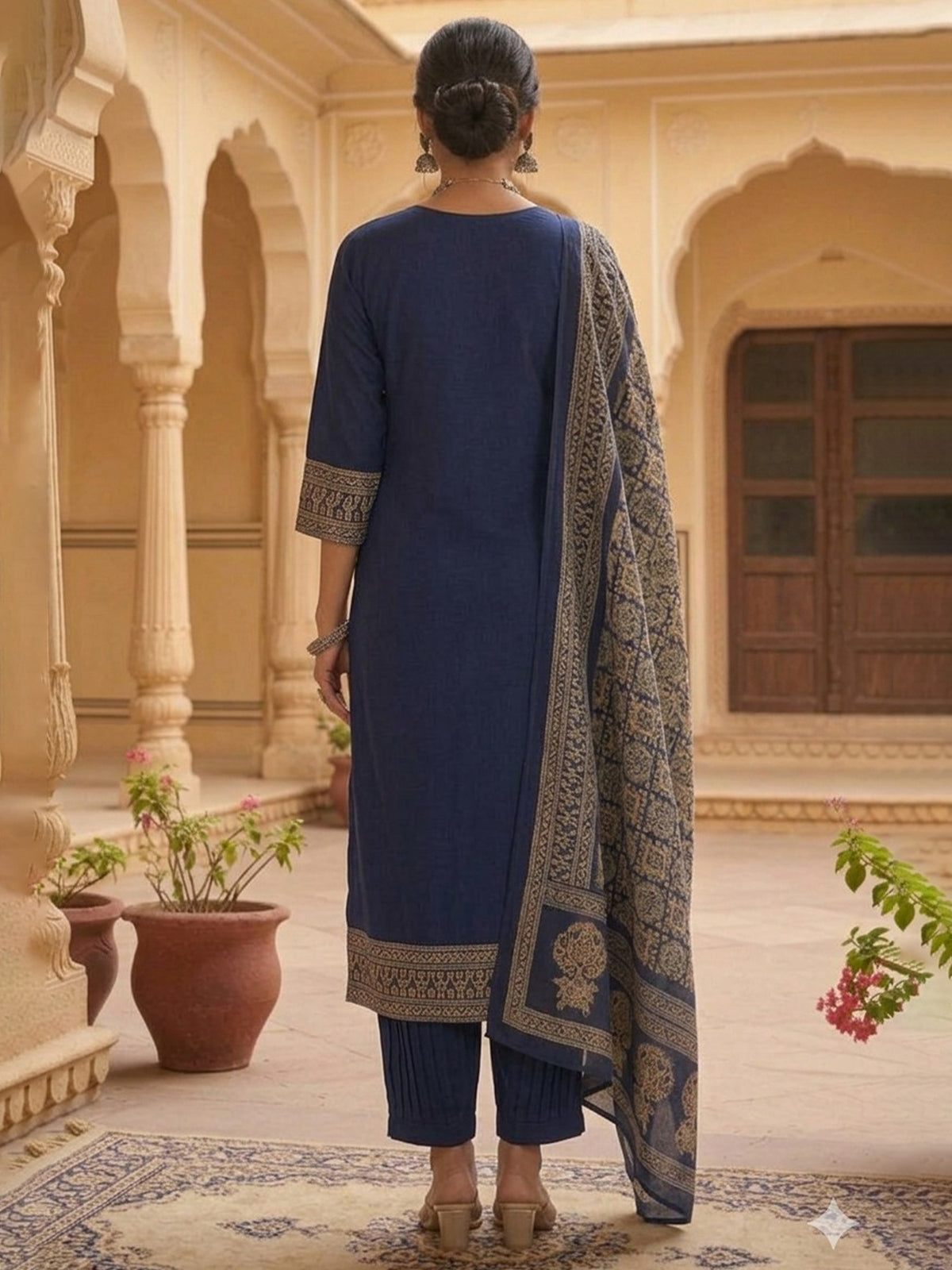 Blue Printed A-Line Kurta Trousers With Dupatta Set