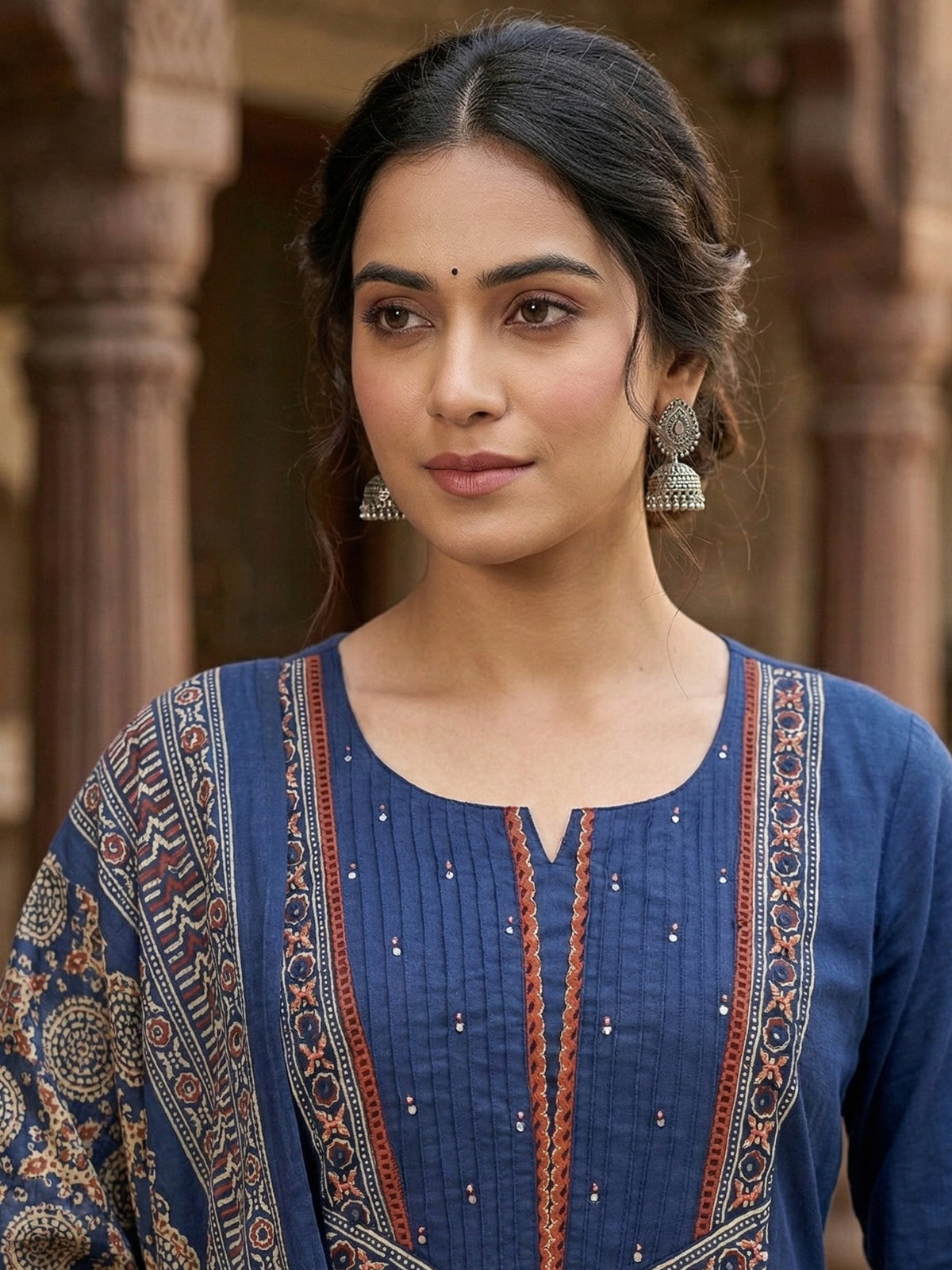 Blue Printed A-Line Kurta Trousers With Dupatta Set