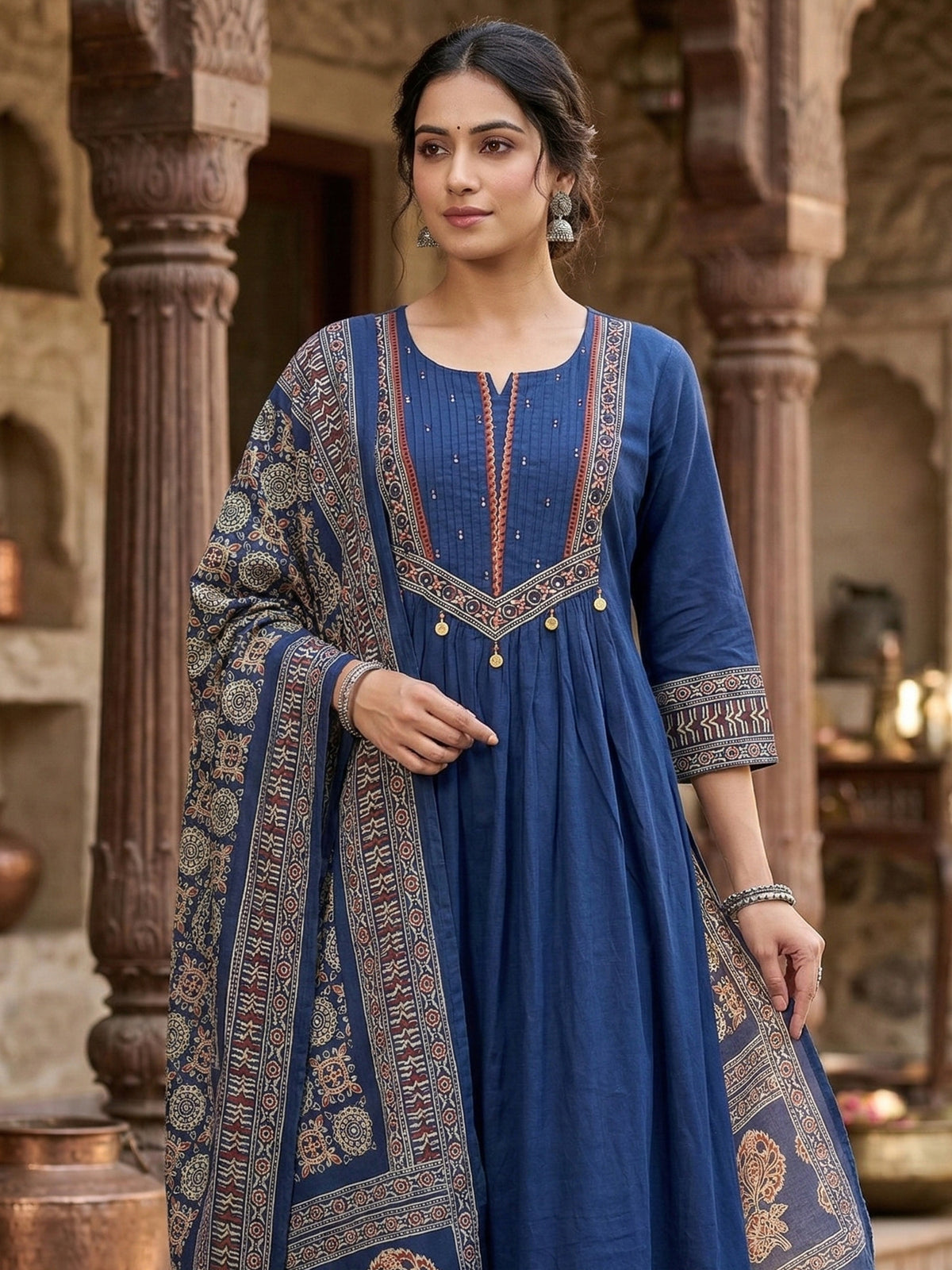 Blue Printed A-Line Kurta Trousers With Dupatta Set