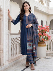 Blue Printed Straight Kurta Trousers With Dupatta Set