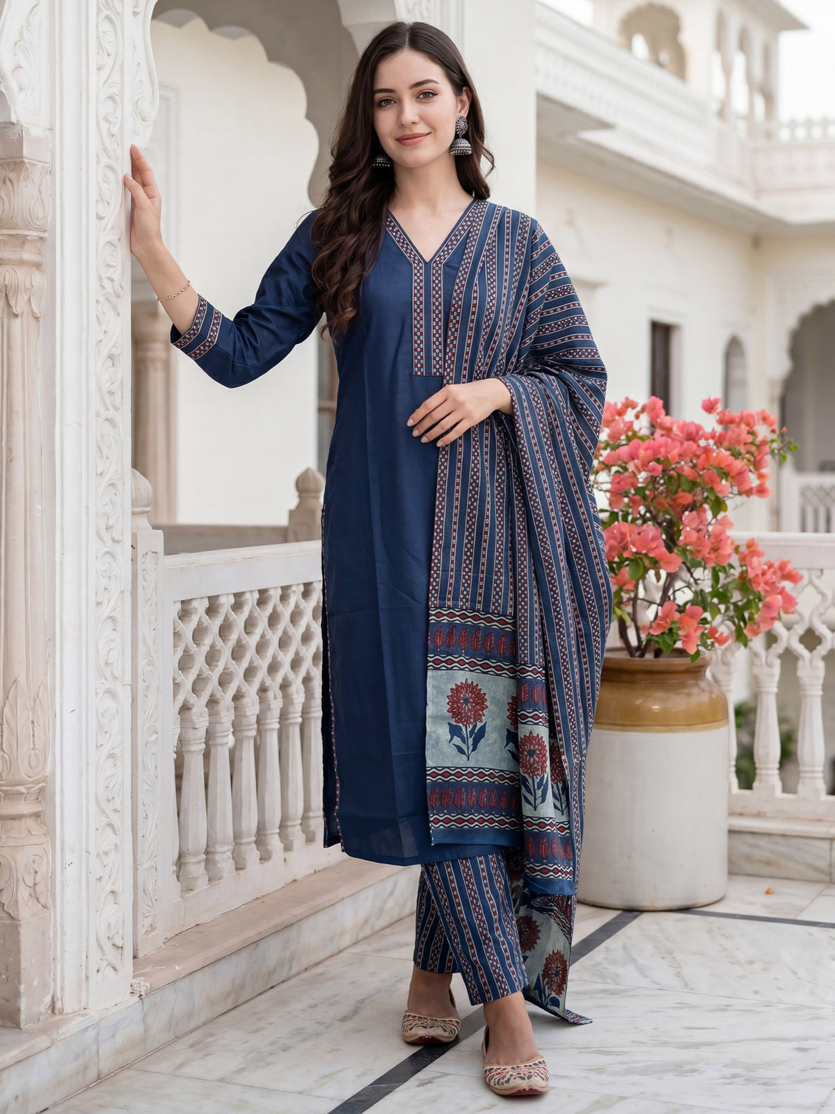 Blue Printed Straight Kurta Trousers With Dupatta Set