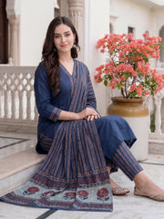 Blue Printed Straight Kurta Trousers With Dupatta Set