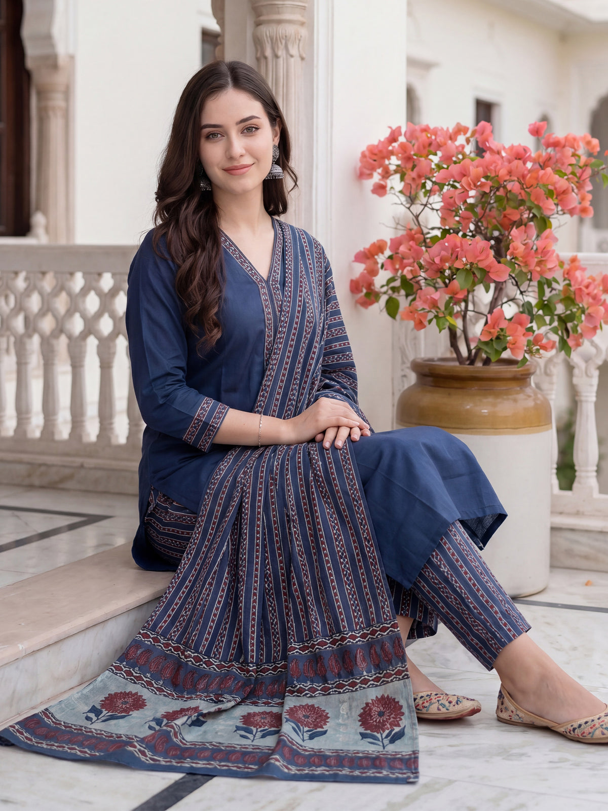 Blue Printed Straight Kurta Trousers With Dupatta Set