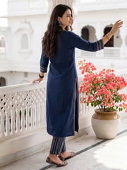 Blue Printed Straight Kurta Trousers With Dupatta Set