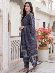 Blue Printed Straight Kurta Trousers With Dupatta Set