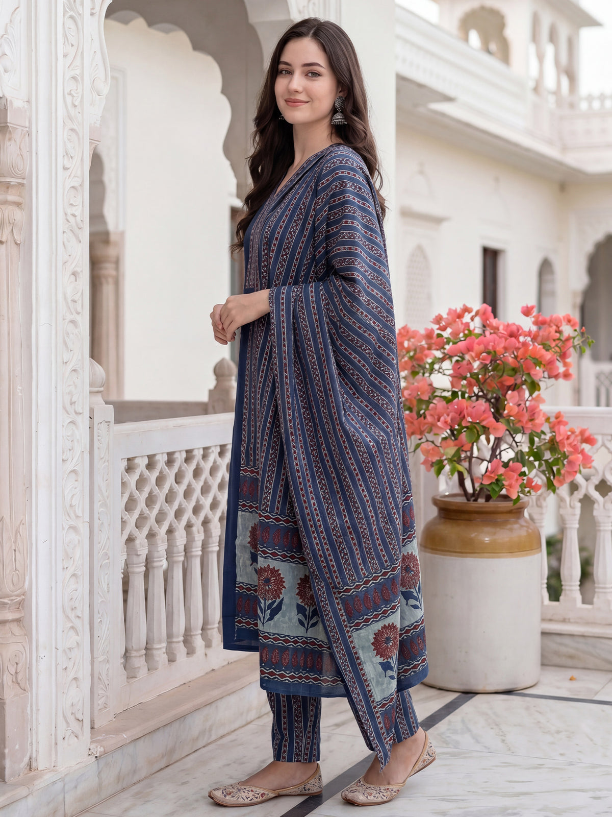 Blue Printed Straight Kurta Trousers With Dupatta Set