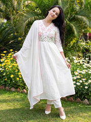 Off White Embroidered Anarkali Kurta Trousers With Dupatta Set