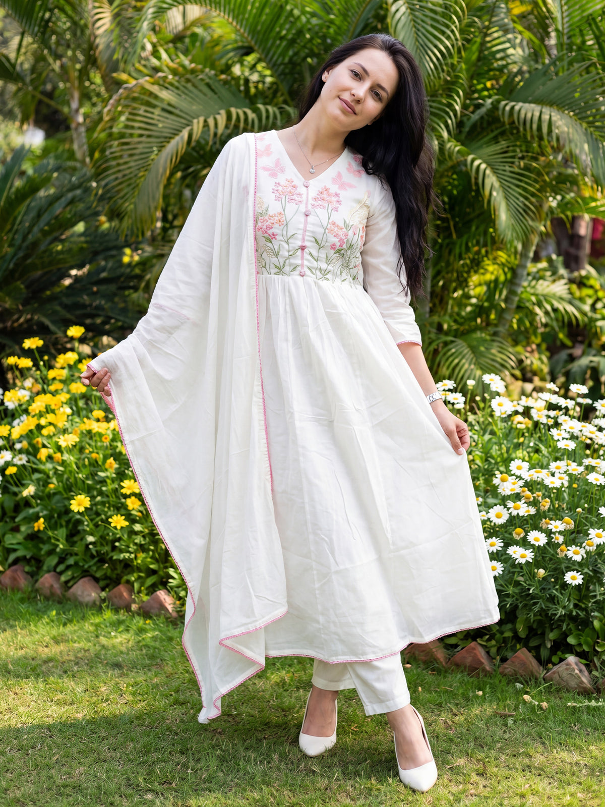 Off White Embroidered Anarkali Kurta Trousers With Dupatta Set