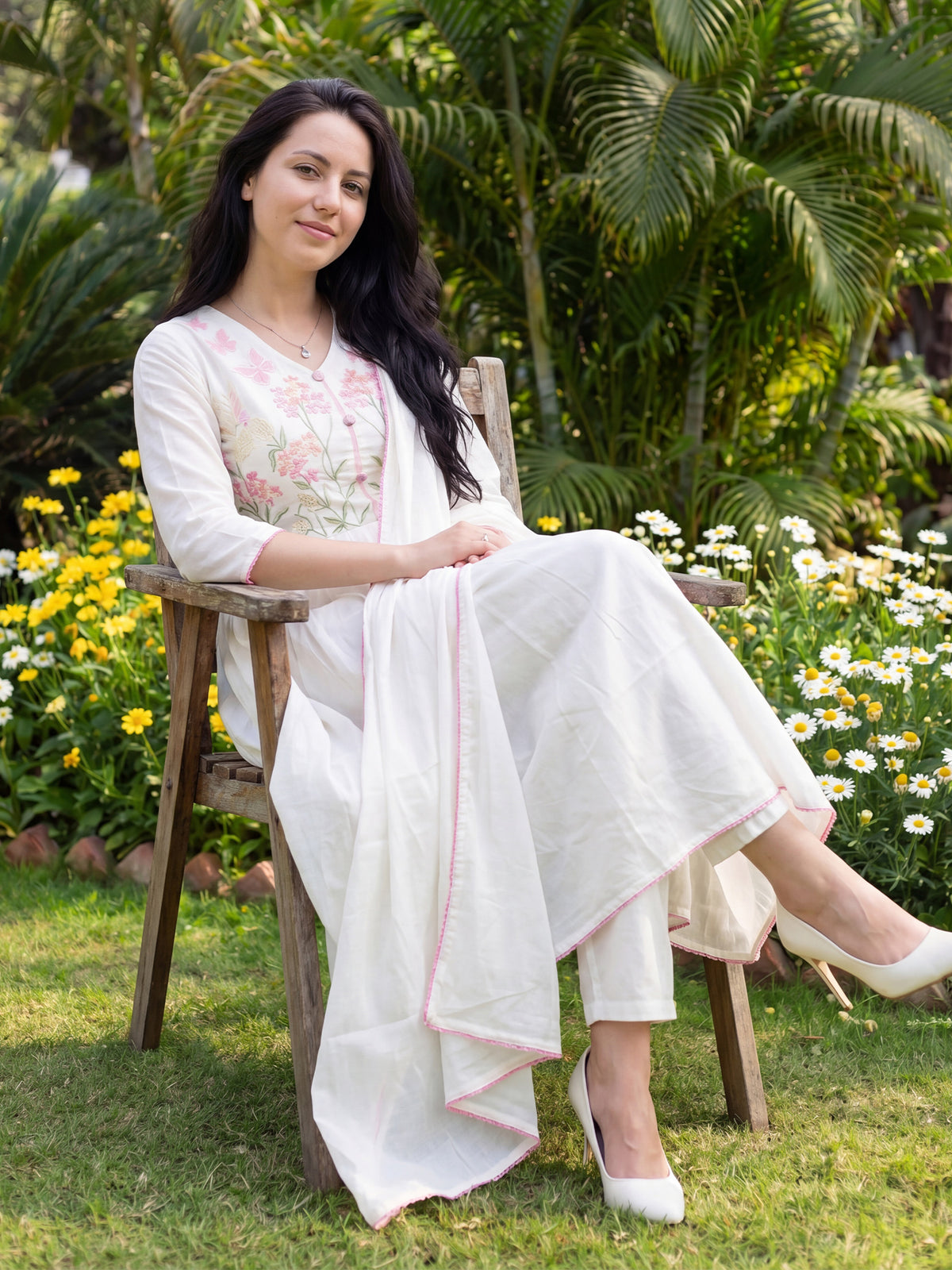 Off White Embroidered Anarkali Kurta Trousers With Dupatta Set