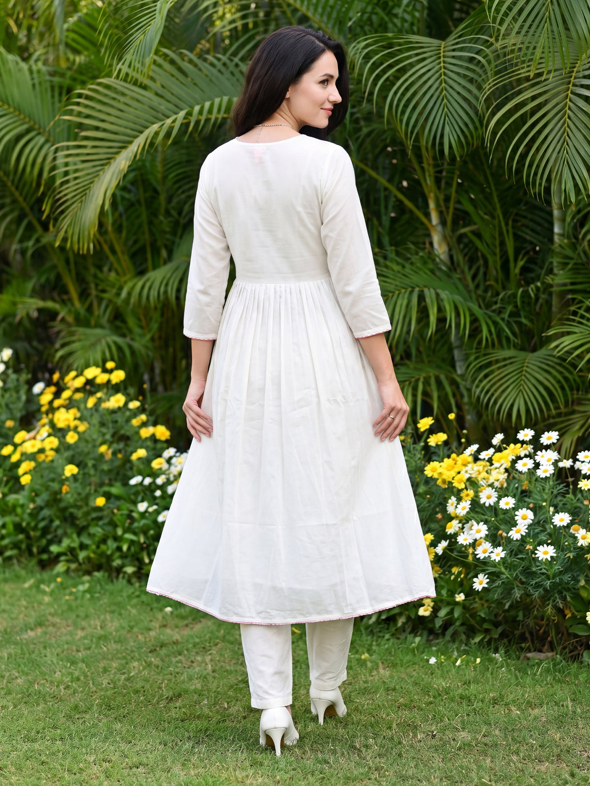 Off White Embroidered Anarkali Kurta Trousers With Dupatta Set