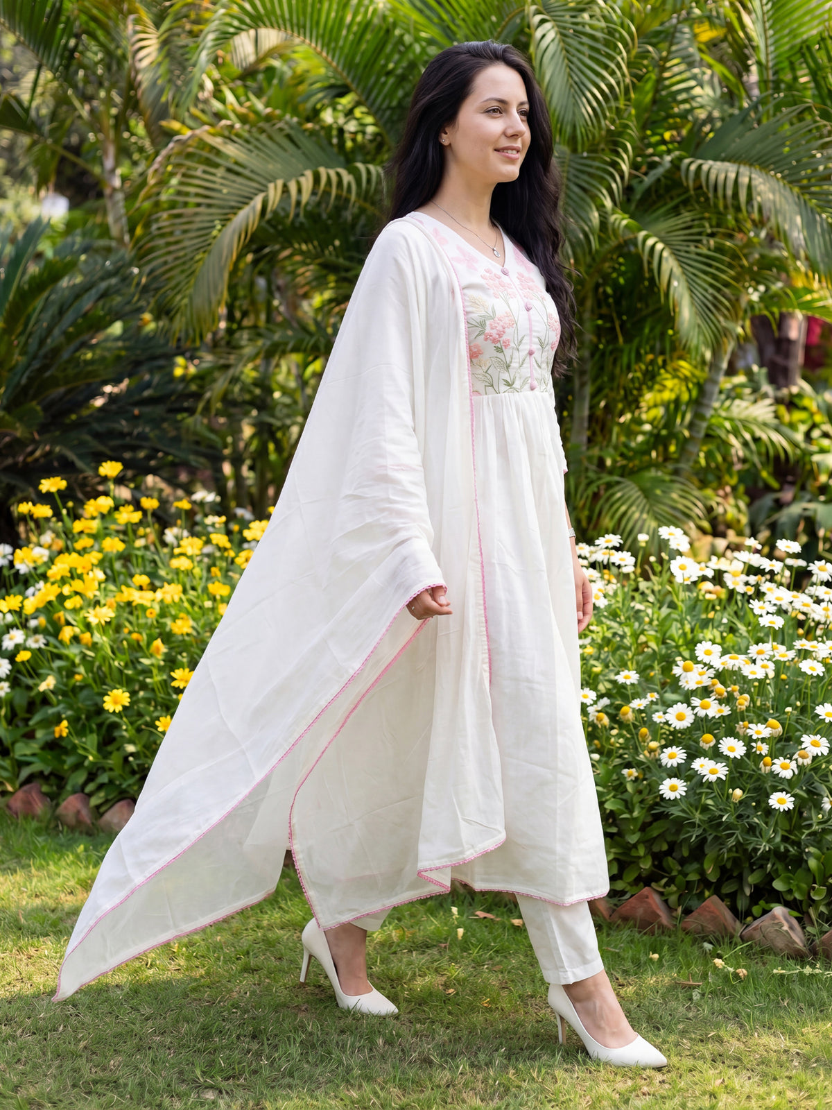 Off White Embroidered Anarkali Kurta Trousers With Dupatta Set