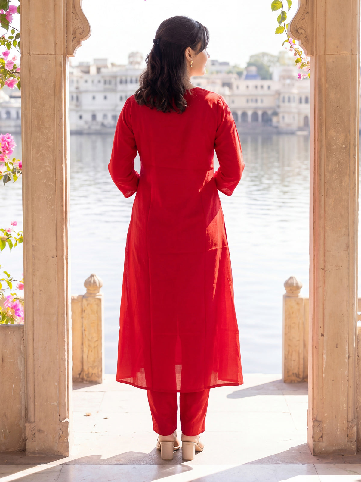 Red Embroidered A-Line Kurta Trousers With Dupatta Set