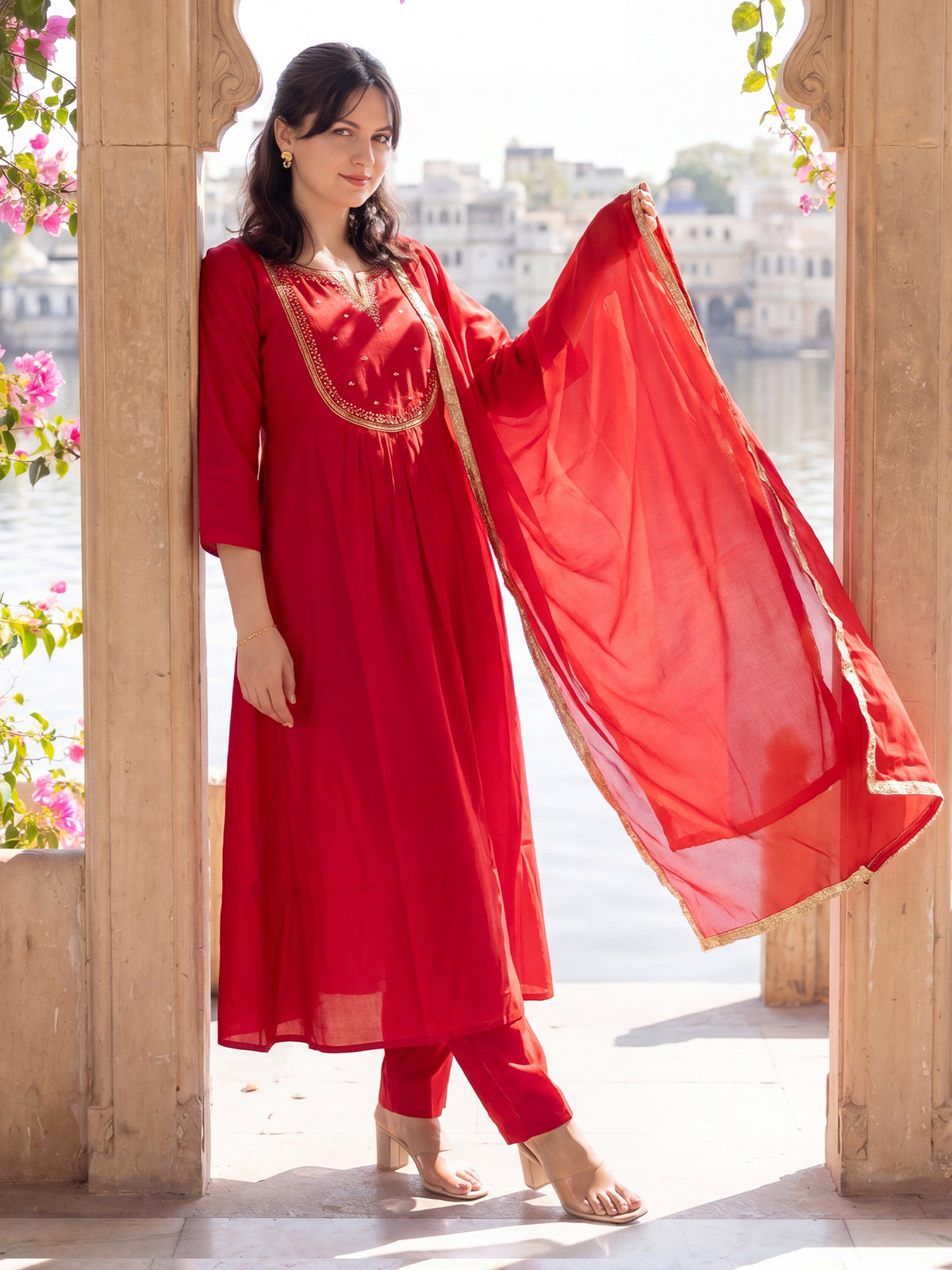 Red Embroidered A-Line Kurta Trousers With Dupatta Set
