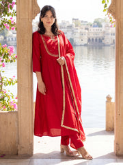 Red Embroidered A-Line Kurta Trousers With Dupatta Set
