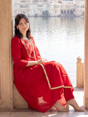 Red Embroidered A-Line Kurta Trousers With Dupatta Set