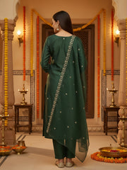 Green Embroidered Straight Kurta Trousers With Dupatta Set