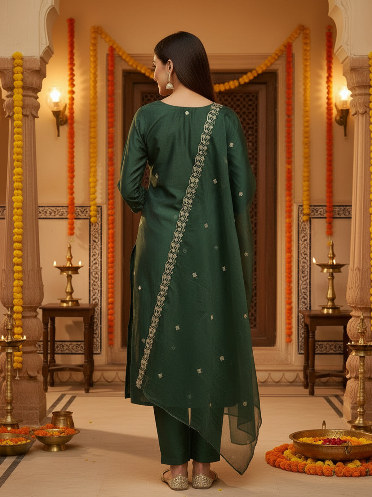 Green Embroidered Straight Kurta Trousers With Dupatta Set