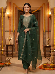 Green Embroidered Straight Kurta Trousers With Dupatta Set