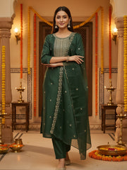 Green Embroidered Straight Kurta Trousers With Dupatta Set