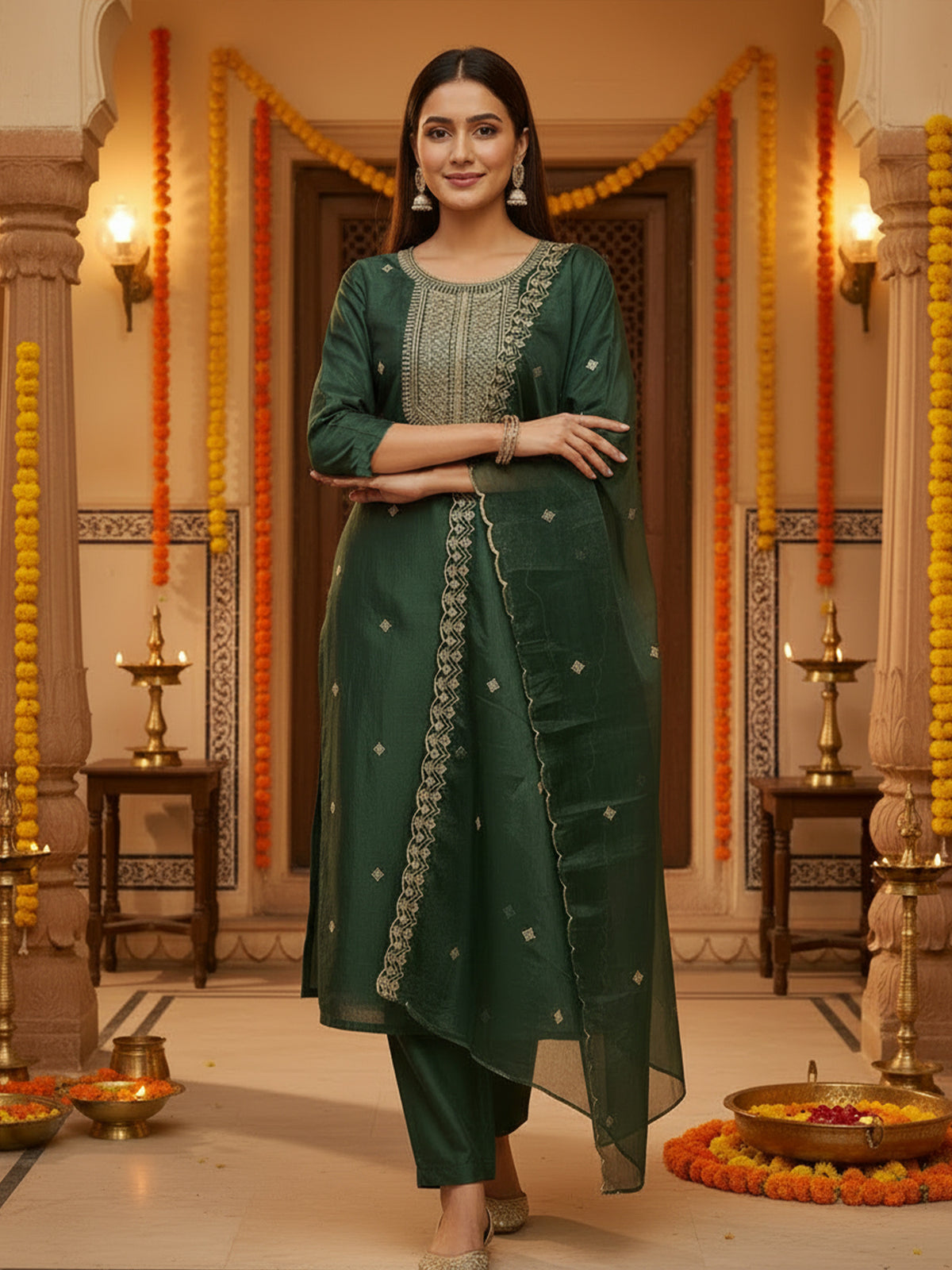 Green Embroidered Straight Kurta Trousers With Dupatta Set