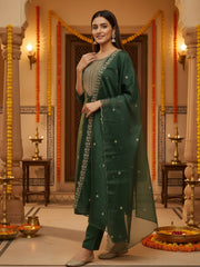Green Embroidered Straight Kurta Trousers With Dupatta Set