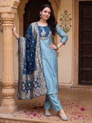 Blue Embroidered Straight Kurta Trousers With Dupatta Set