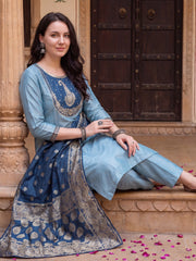 Blue Embroidered Straight Kurta Trousers With Dupatta Set