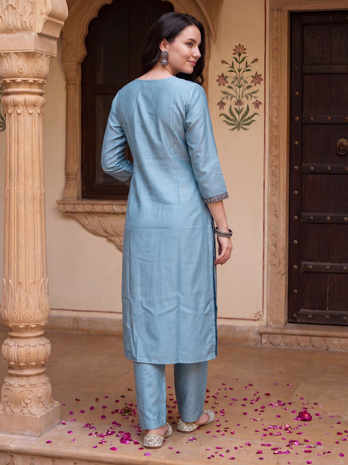 Blue Embroidered Straight Kurta Trousers With Dupatta Set