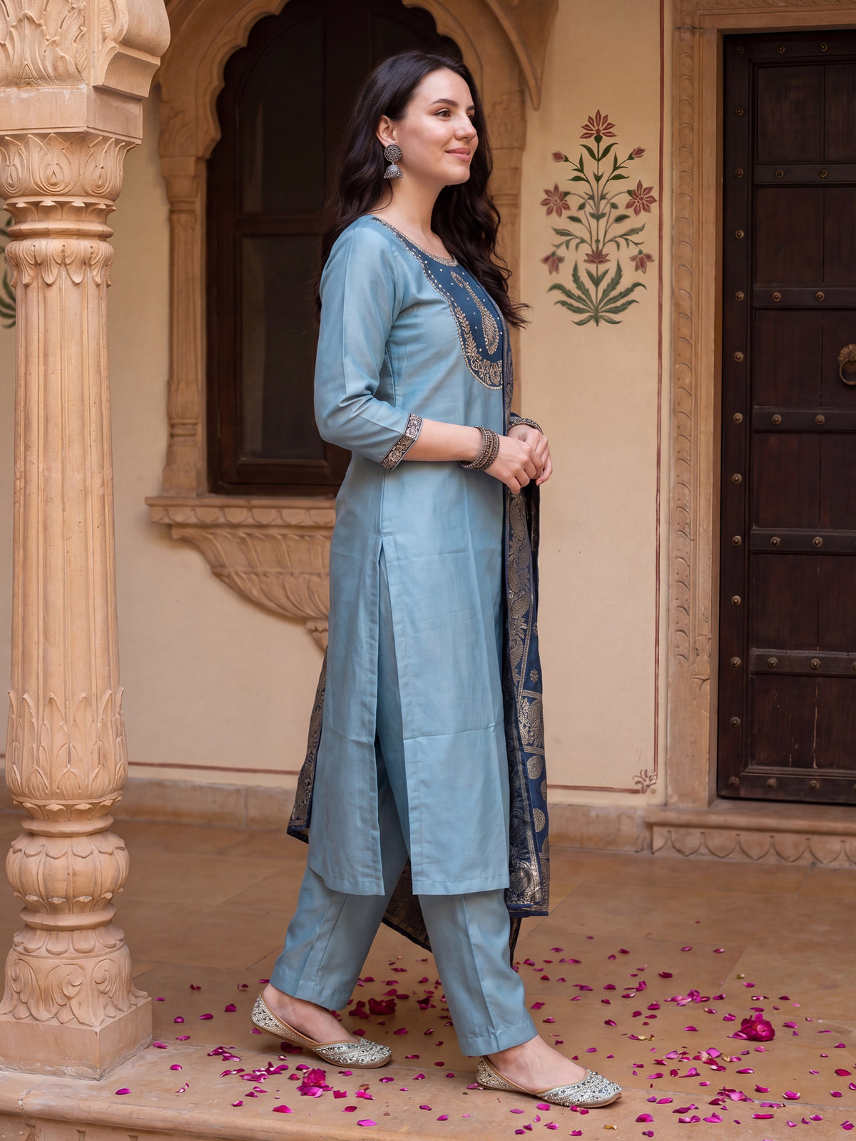 Blue Embroidered Straight Kurta Trousers With Dupatta Set