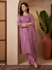 Lavender Embroidered Straight Kurta Trousers With Dupatta Set