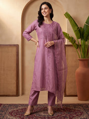 Lavender Embroidered Straight Kurta Trousers With Dupatta Set