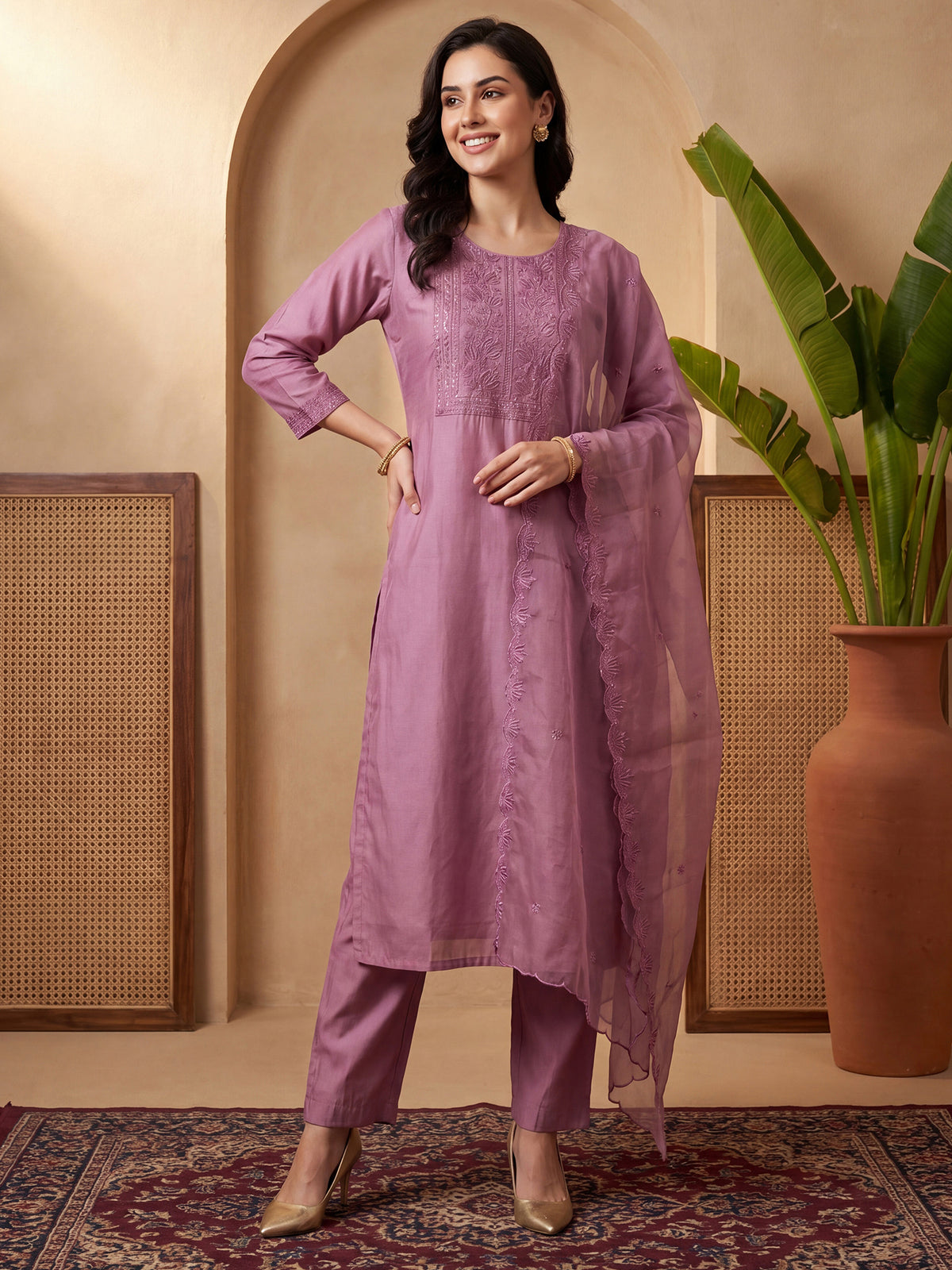 Lavender Embroidered Straight Kurta Trousers With Dupatta Set