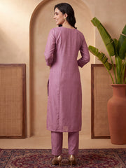 Lavender Embroidered Straight Kurta Trousers With Dupatta Set