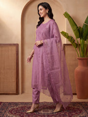 Lavender Embroidered Straight Kurta Trousers With Dupatta Set