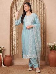 Blue Embroidered Straight Kurta Trousers With Dupatta Set